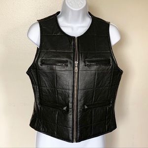 Womens Black Leather Vest Med Zip Up Quilted Look